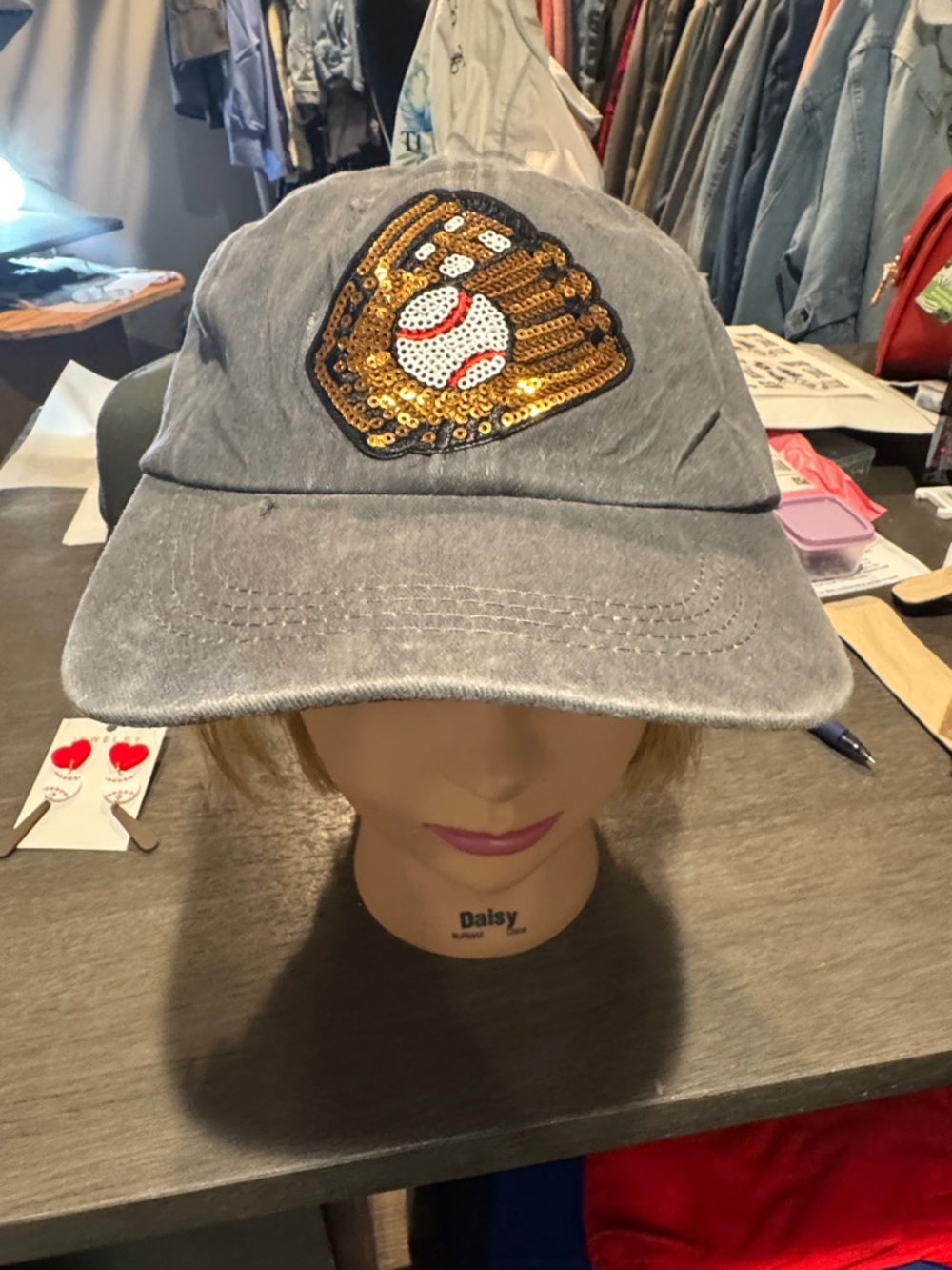 Sequin Baseball Glove Embroidered Cap - Gray